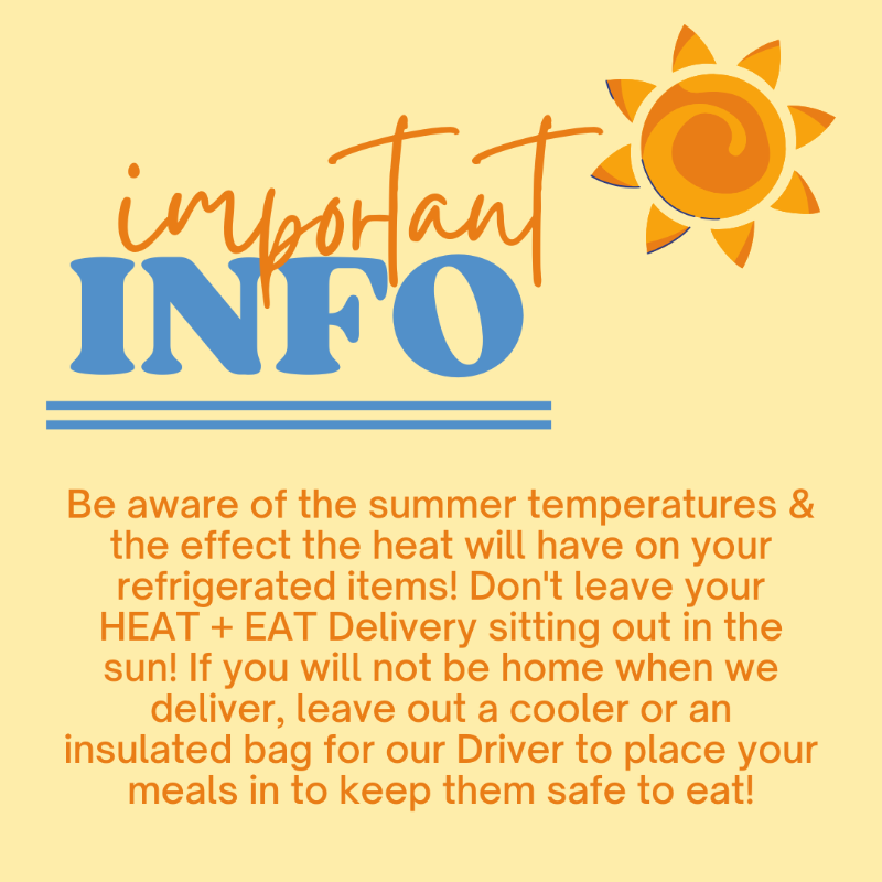 Important information card about summer temperatures and food safety with a sun icon on a yellow background.