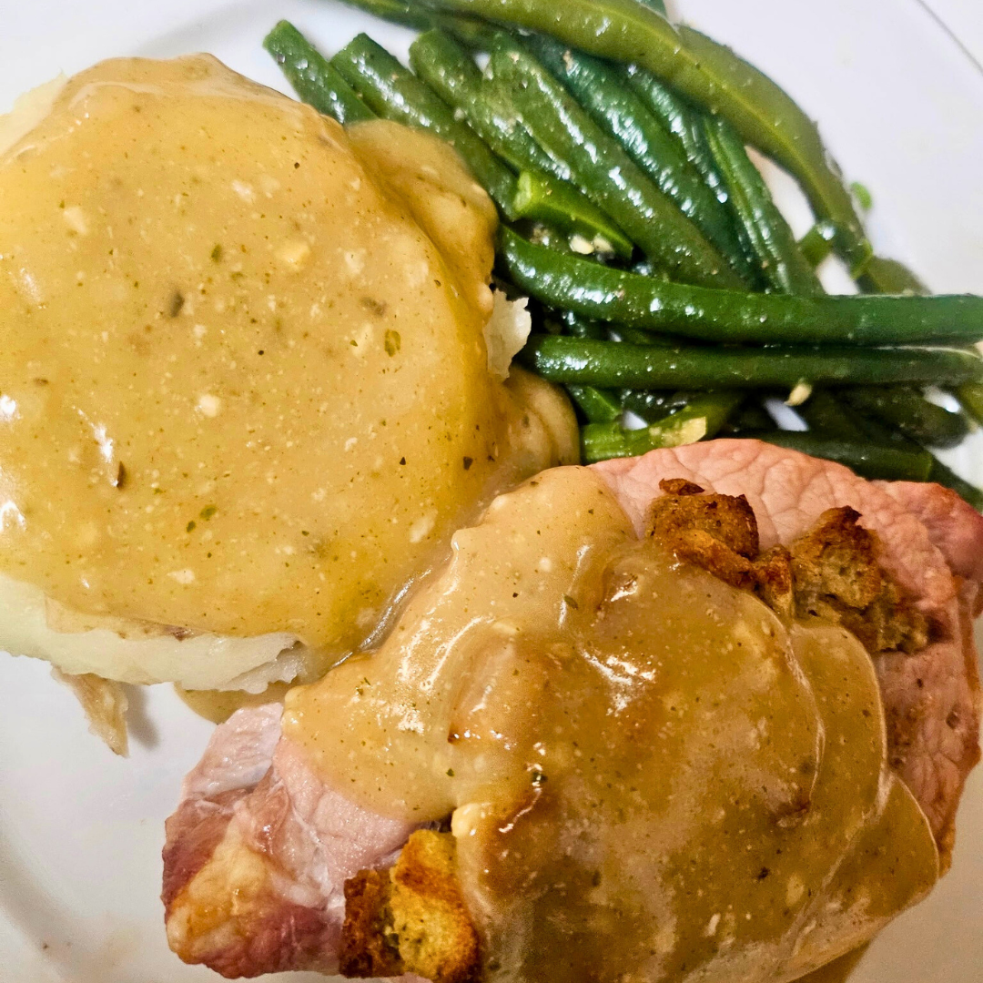 *SPECIAL* Stuffed Pork Chop with Green Beans and Mashed Potatoes